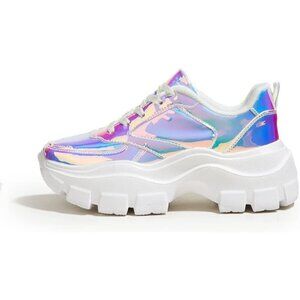 🆕 Women White Chunky Platform Sneakers Lace-Up Casual Fashion Walking Shoes